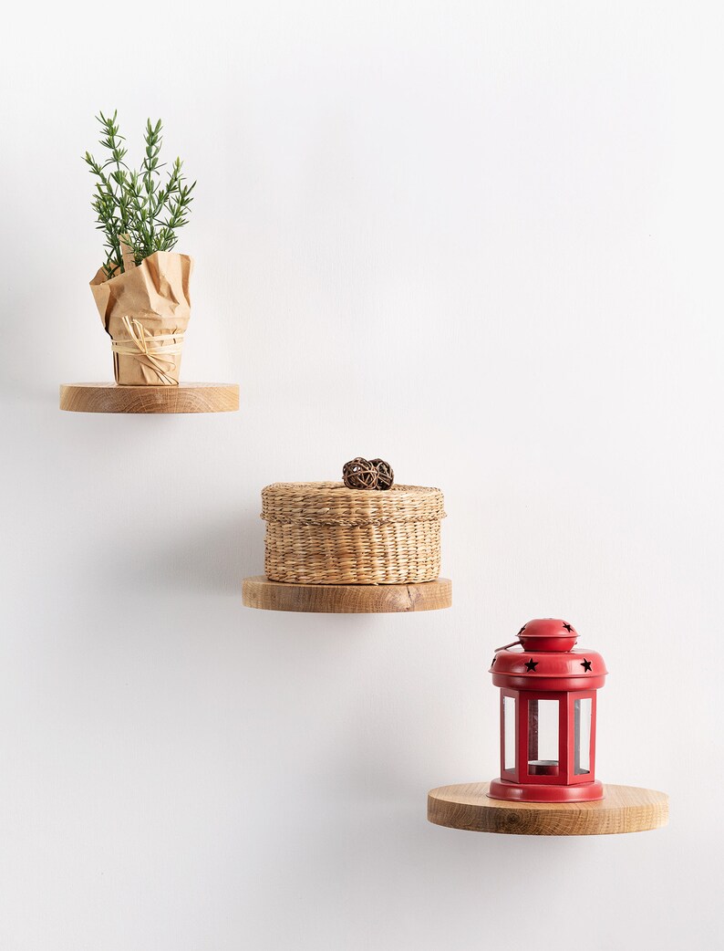 Round Wood Shelf Solid Oak Floating Shelves Collectibles Etsy