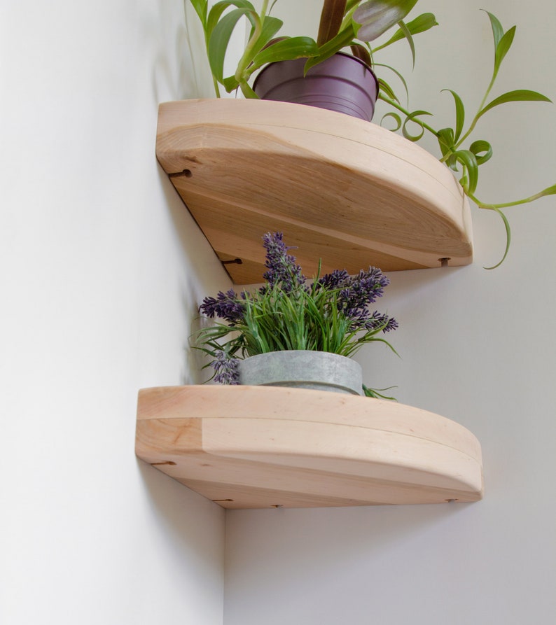 Corner wooden rounded shelf with edging, wall shelf, plant shelf, floating corner shelves hidden hardware, rounded corner shelf image 9