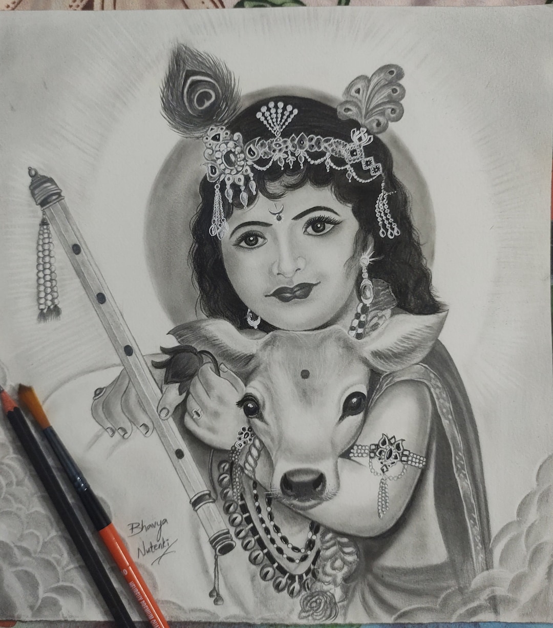 Krishna Portrait, Pencil Sketch of Little Krishna, Religious Painting