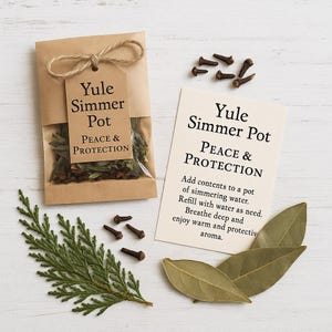 Puede incluir: Una bolsa de papel kraft con la inscripción "Yule Simmer Pot Peace & Protection", que contiene clavos de olor, hojas de laurel y una ramita de hoja perenne. También hay una tarjeta con instrucciones.