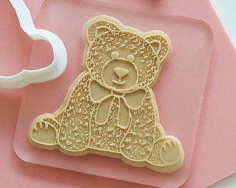 Teddy Embosser Stamp - Cute Fluffy Bear Cookie Cutter & Embosser Set - Baby Shower, Gender Reveal, Baby Birthday