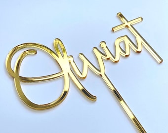 Personalised Christening Cake Topper With Cross | Mirror Acrylic Cross Charm, Baptism Cake Toppers, First Holy Communion Topper