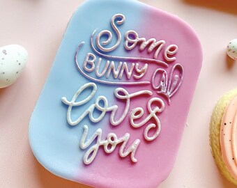 May include: A pink and blue decorated cookie with the text "Some bunny loves you" in silver lettering.