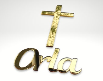 Dije de cruz para tarta + nombre/espejo acrílico para tarta de bautizo, dijes de primera comunión en plata y oro.