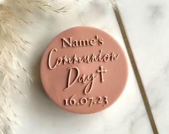 Custom Name Communion Day With Date Embosser - Personalised Reverse Fondant Embosser Stamp - First Holy Communion Cupcake/Biscuit Topper