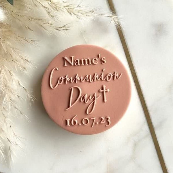 Custom Name Communion Day With Date Embosser - Personalised Reverse Fondant Embosser Stamp - First Holy Communion Cupcake/Biscuit Topper