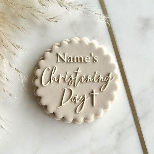 Custom Name Christening With Cross Embosser - Personalised Reverse Fondant Embosser Stamp - Christening Cupcake/Biscuit Topper