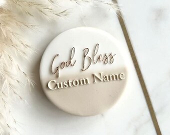 God Bless Custom Name Embosser - Personalised Reverse Fondant Embosser Stamp - Christening, Communion, Baptism Cupcake/Biscuit Topper