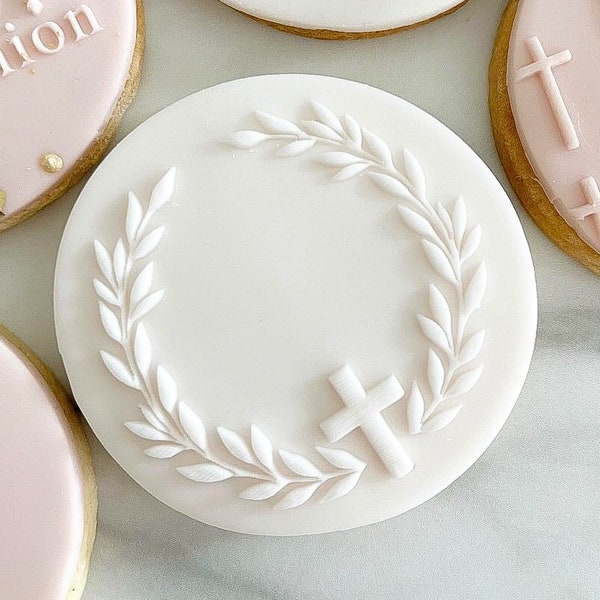 Cross Wreath Embosser Stamp - Reverse Fondant Embosser - Topper For Christening Cake, Baptism Cake, Cupcake, First Holy Communion Cake Decor