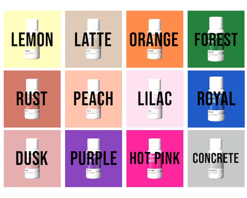 May include: Twelve small bottles of paint in various colors, including lemon, latte, orange, forest, rust, peach, lilac, royal, dusk, purple, hot pink, and concrete. Each bottle has a white label with the color name printed in black.
