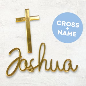 Cross Cake Charm + Name | Mirror Acrylic Cross Topper Christening Cake Topper Baptism Cake Charms Silver Gold First Holy Communion Charm