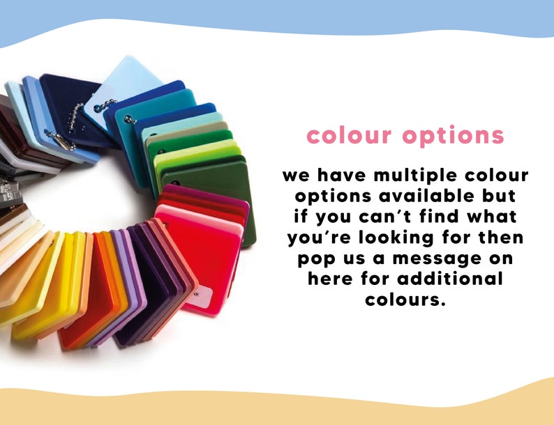 Puede incluir: Una carta de colores con una variedad de colores, incluyendo rojo, verde, azul, amarillo y naranja. El texto "colour options" est&aacute; escrito en rosa en la parte superior de la imagen. El texto debajo dice "we have multiple colour options available but if you can't find what you're looking for then pop us a message on here for additional colours."