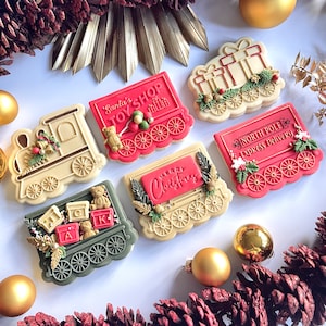 Set de estampador y troquelador de tren de juguete de Papá Noel / Sello de grabado en relieve inverso festivo / Ideas de regalos navideños para hornear / 5 diseños para elegir