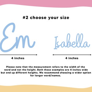 Puede incluir: Dos ejemplos de nombres personalizados, "Em" e "Isabella", en una fuente cursiva azul claro. Ambos nombres tienen 10 cm de ancho, pero la altura var&iacute;a seg&uacute;n la longitud del nombre. El texto debajo de las im&aacute;genes explica que la medida se refiere al ancho, no a la altura.