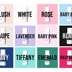 May include: Twelve small bottles of liquid food coloring in various colors, including blush, white, rose, baby blue, taupe, lavender, baby pink, black, navy, tiffany, emerald, and raspberry. Each bottle has a white label with the color name printed in black.