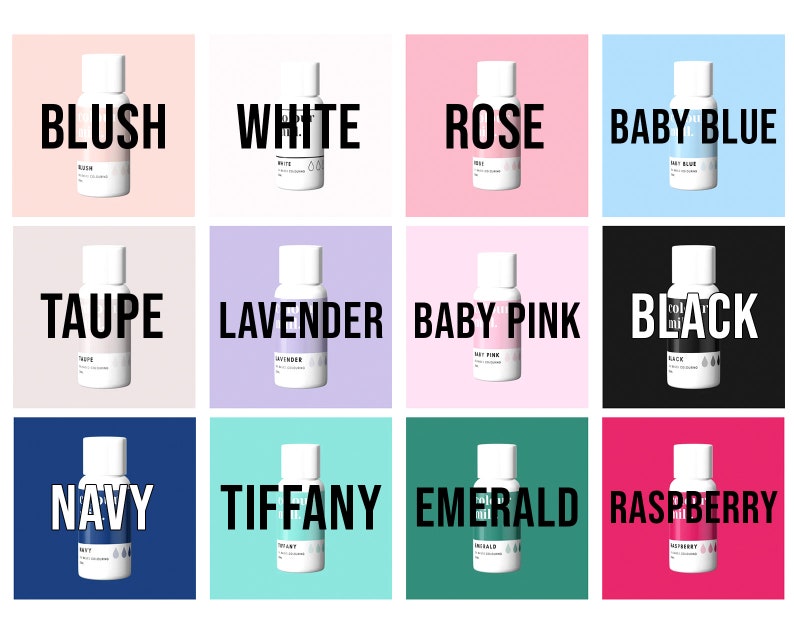 May include: Twelve small bottles of liquid food coloring in various colors, including blush, white, rose, baby blue, taupe, lavender, baby pink, black, navy, tiffany, emerald, and raspberry. Each bottle has a white label with the color name printed in black.