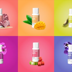 May include: Six bottles of food coloring with different colors and flavors. The colors are coral, mango, lime, fuchsia, melon, and violet. Each bottle has a label with the text "colour mill."