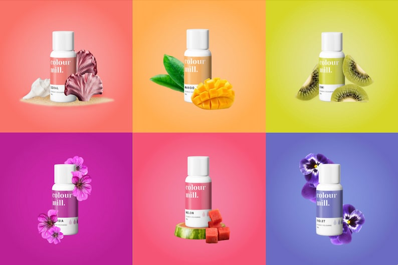 May include: Six bottles of food coloring with different colors and flavors. The colors are coral, mango, lime, fuchsia, melon, and violet. Each bottle has a label with the text "colour mill."