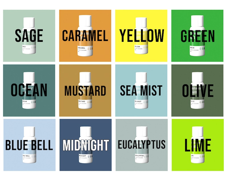 May include: Twelve small bottles of essential oil with labels in various colors, including sage, caramel, yellow, green, ocean, mustard, sea mist, olive, blue bell, midnight, eucalyptus, and lime.