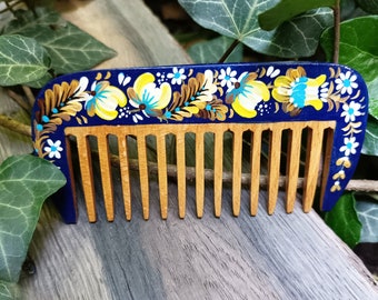 Wooden Comb, Hand painted wood comb, Floral comb, Natural wooden comb, Petrykivka painting, Ukrainian folk art, Royal blue comb, Hairbrush