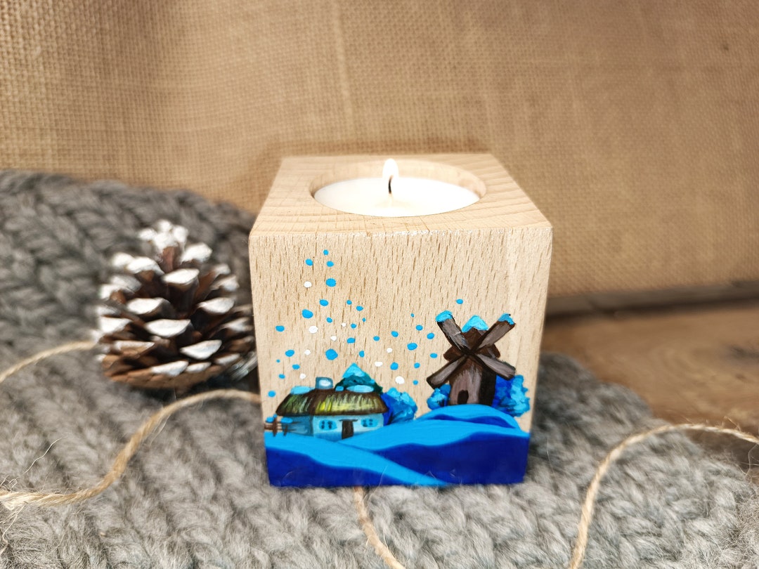 Wood Block Candle Holders Hand Painted Winter Houses With Etsy