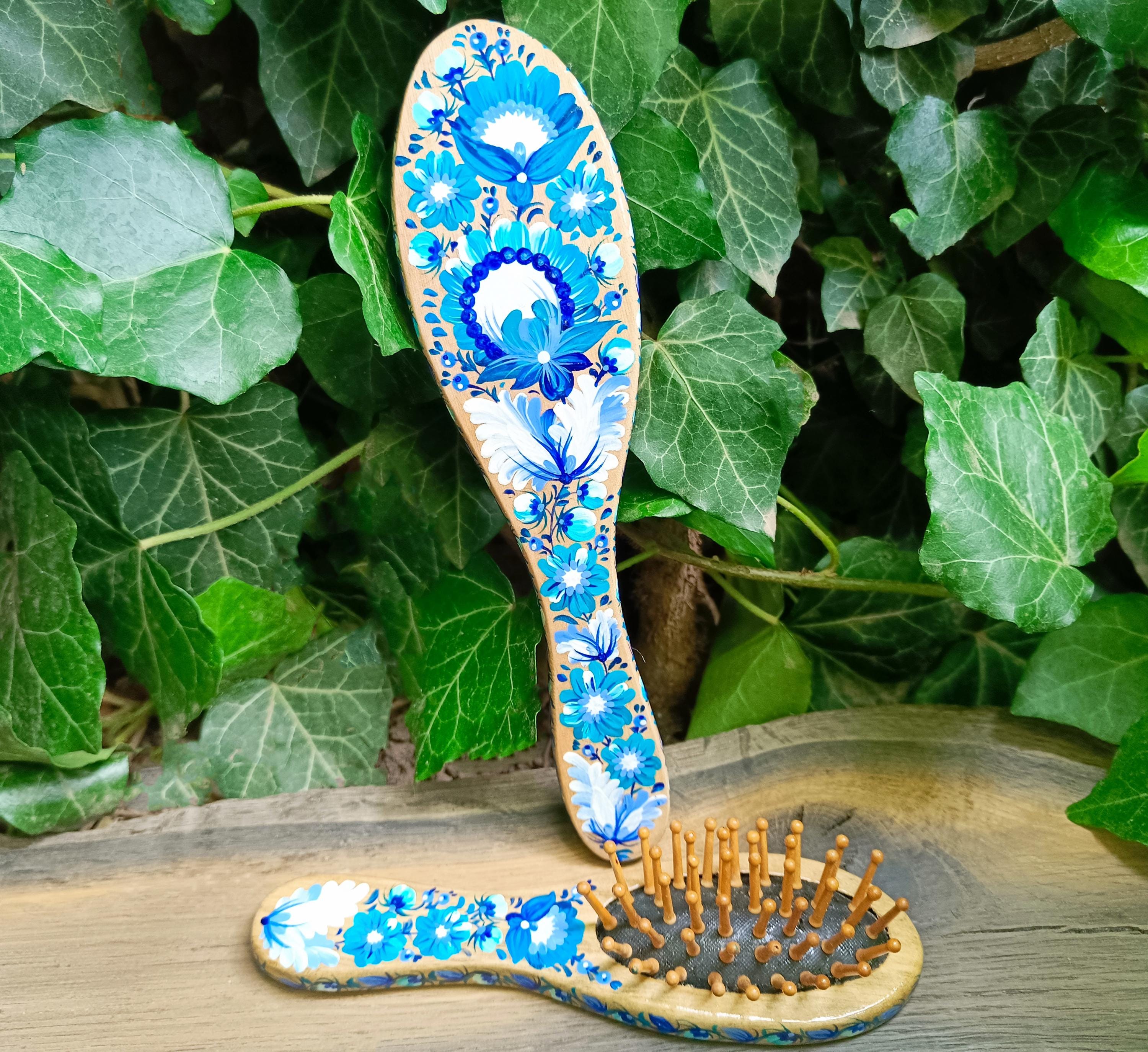Hand-Painted Floral Paddle Brush - Pink, Purple, Coral, Blue KitschPop™️ Paddle Brush in Haze Blue | KITSCH main image 4