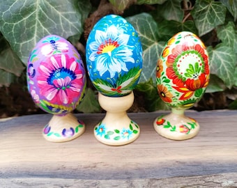 Set 3 Easter wooden eggs, Hand painted flowers ornament, handmade gift Ukrainian traditional pysanky, Ukraine seller, Souvenir from Ukraine