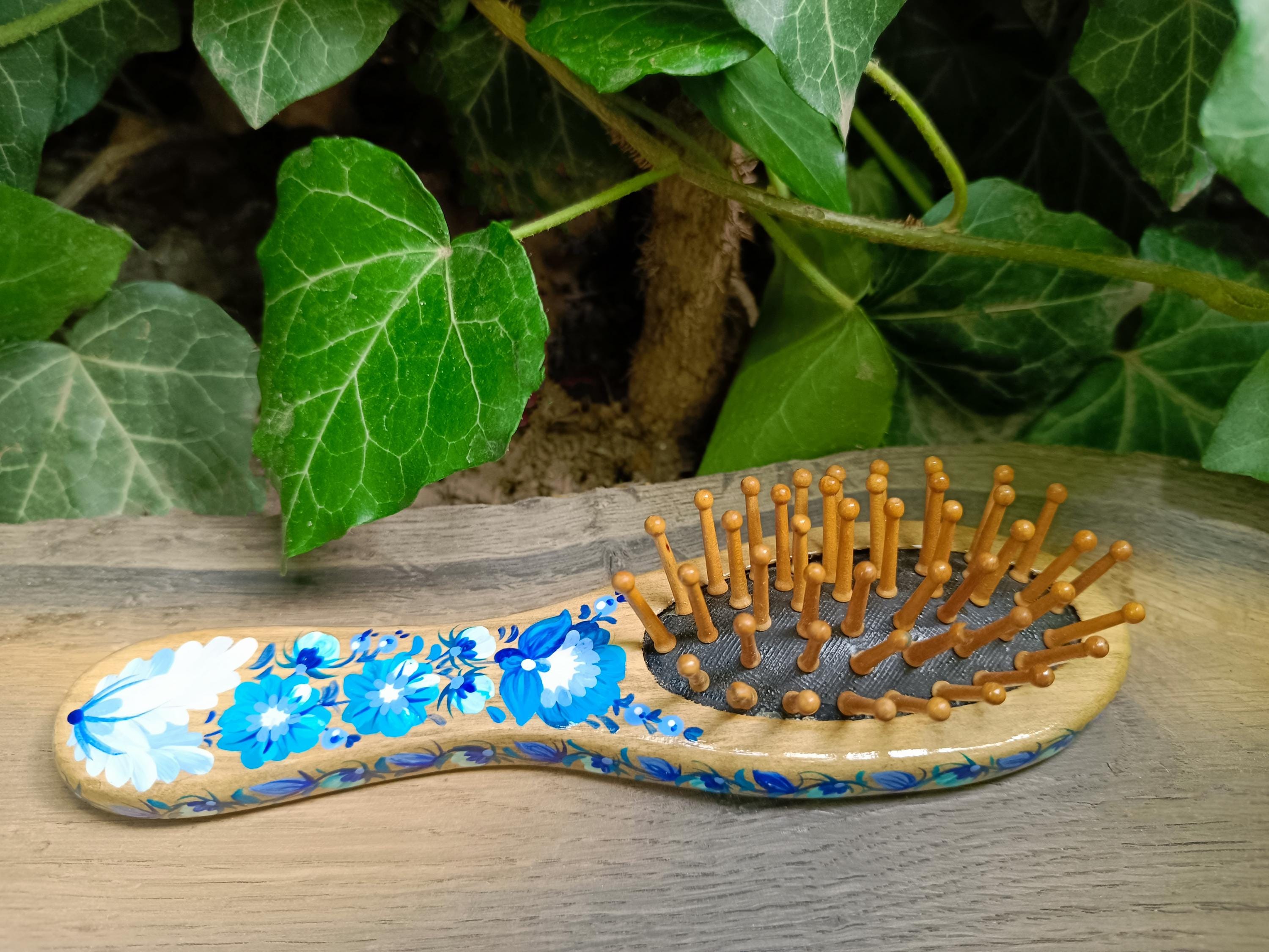 手描き木製ヘアブラシセット：青い花柄 - Etsy 日本
