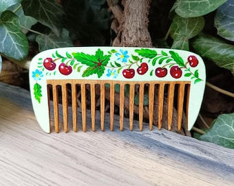 Wooden Comb with cherry, Hand painted wood comb, Floral comb, Natural wooden comb, Petrykivka painting, Ukrainian folk art Ukraine Hairbrush