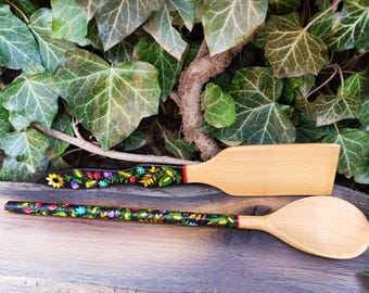 Hand Painted Wooden Spatula and Spoon Set: Petrykivka Floral Decor