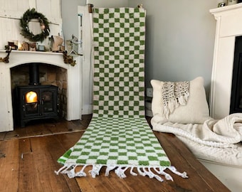 Moroccan Berber Checkerboard Runner Rug - Green and Off-White