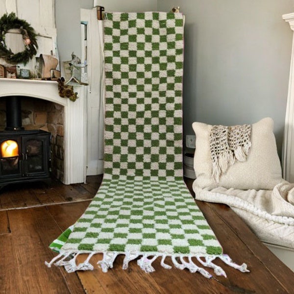 Moroccan Berber Checkerboard Runner Rug - Green and Off-White