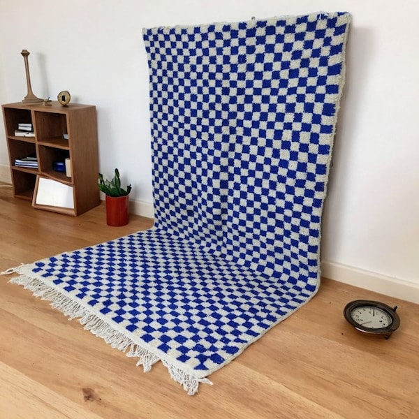 Blue and White Checkered Wool Rug, Moroccan Berber checkerboard rug