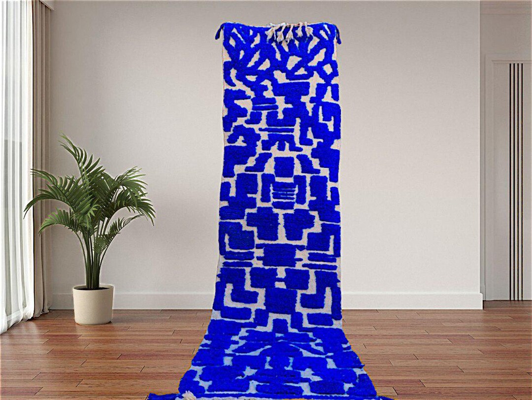 Moroccan Blue Runner Beni Ourain Runner Rug, Custom Hallway Rug Runner