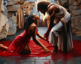 May include: A woman in a red dress kneels on a blood-stained floor, reaching out to a man in a white robe. The man is covered in blood and appears to be in pain. The scene is set in a dark, cavernous space.