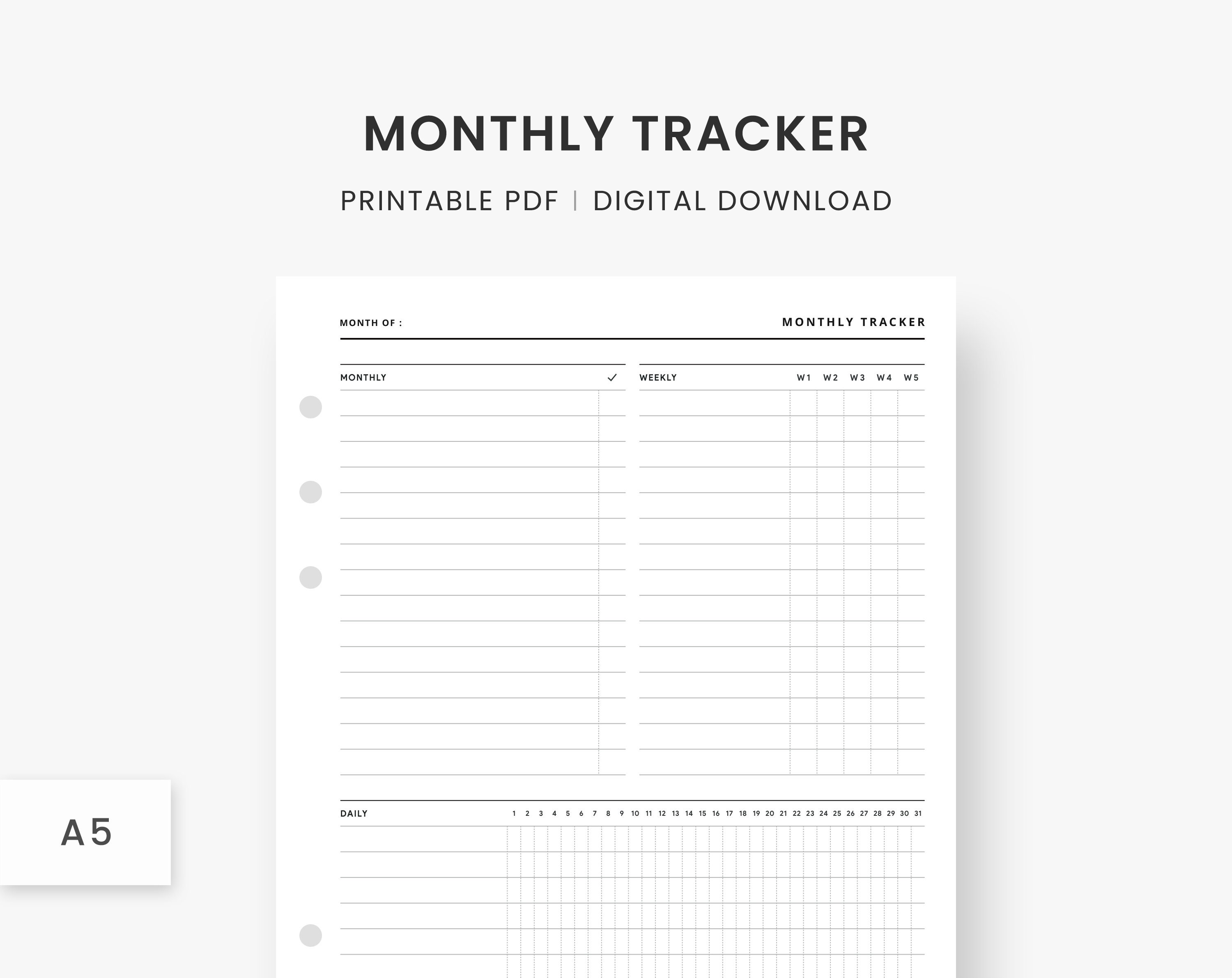 A5 Inserts Monthly Tracker, Habit Tracker, Weekly Tracker, Daily