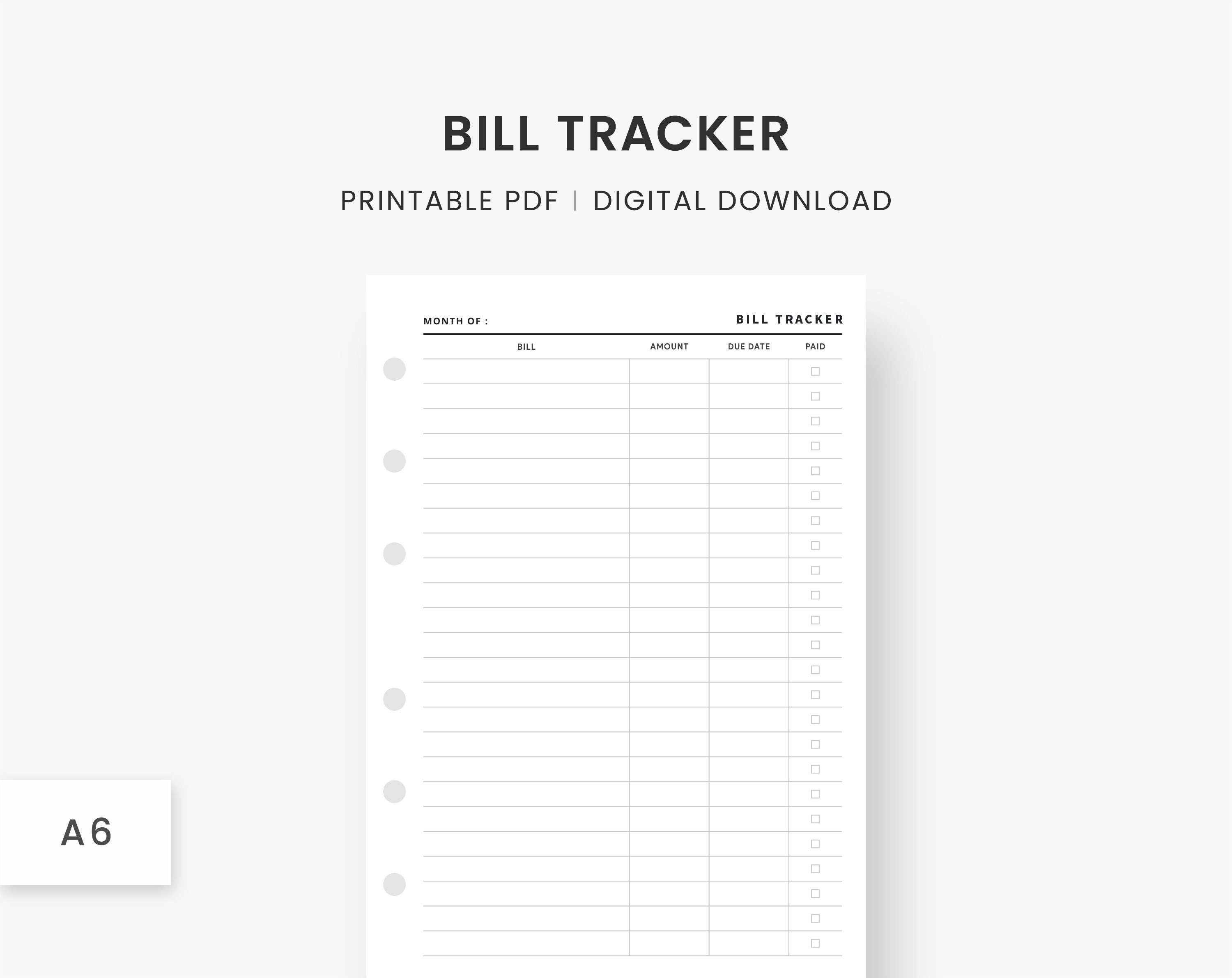 A6 Inserts : Bill Tracker, Bill Organizer, Bill Planner, Bill Payment ...