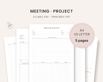 Notes de réunion, planificateur de projet, PDF imprimable et remplissable, procès-verbal de réunion, productivité, gestion de projets, A4, lettre, téléchargement numérique