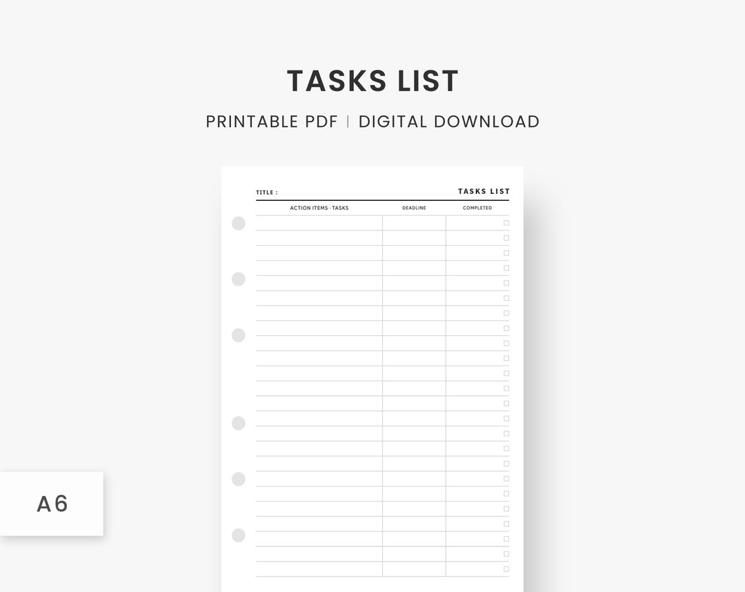 A6 Inserts Tasks List, to Do List, Task Planner, Check List, Task