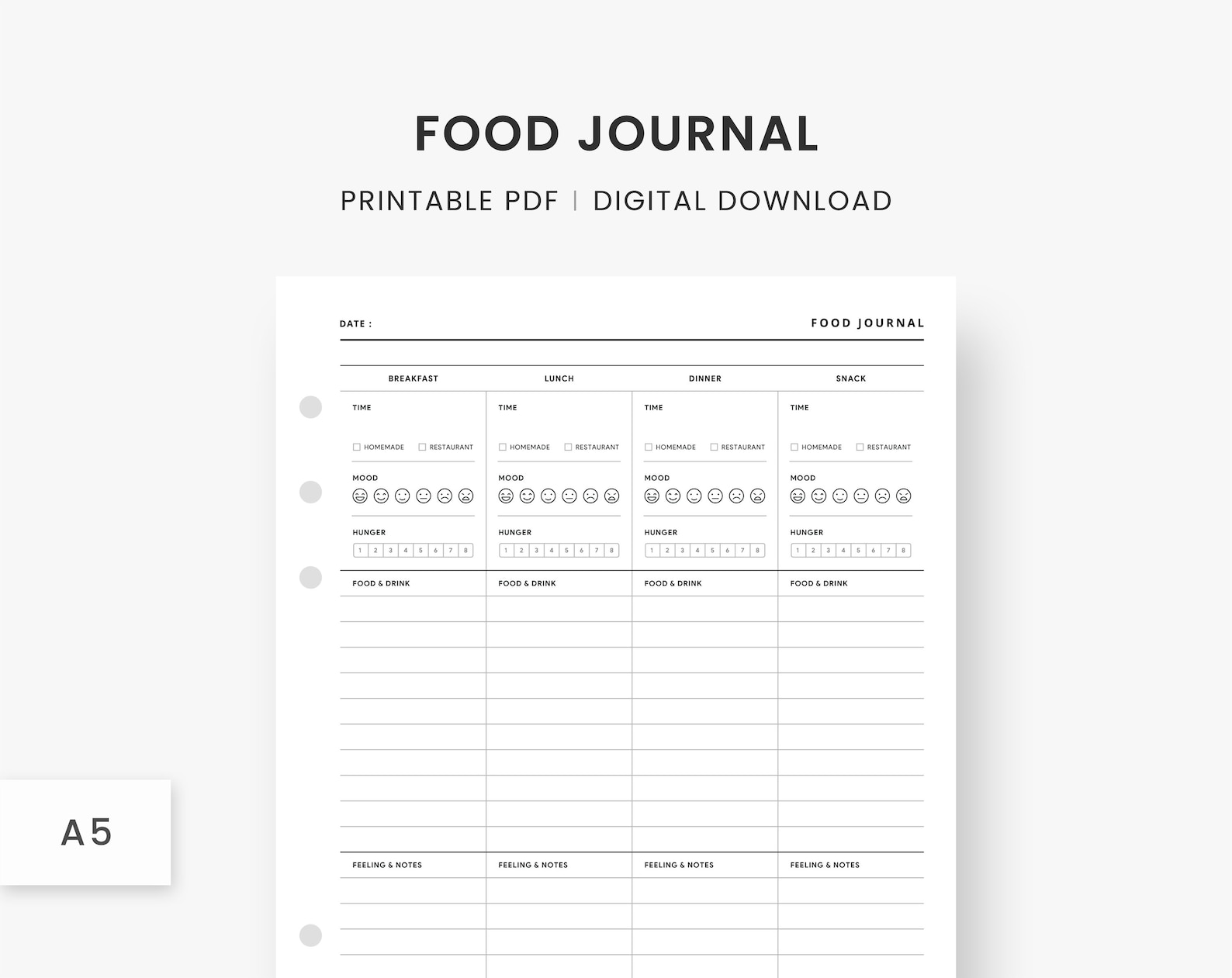 A5 Inserts Food Journal Printable, Food Diary, Food Tracker, Food Log