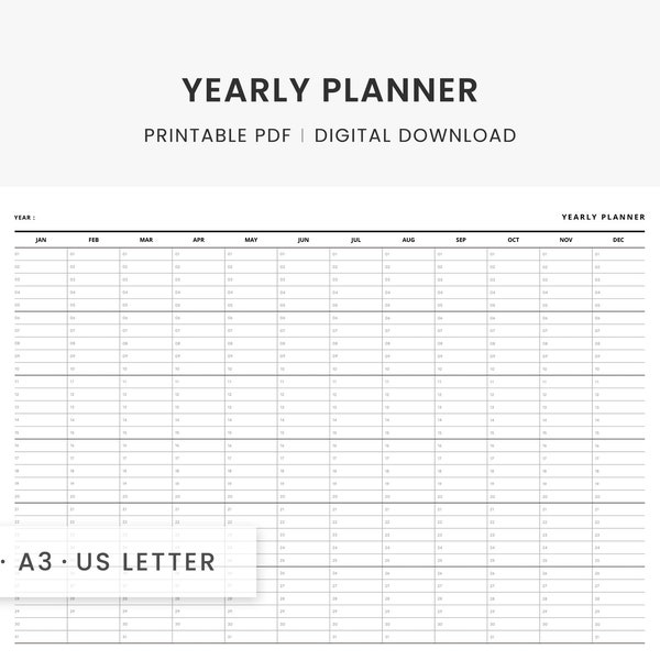 Yearly Planner Printable, Year at a Glance, Desk and Wall Calendar, 12 Month Overview, Downloadable A4, A3, Letter PDF, Simple Black & White