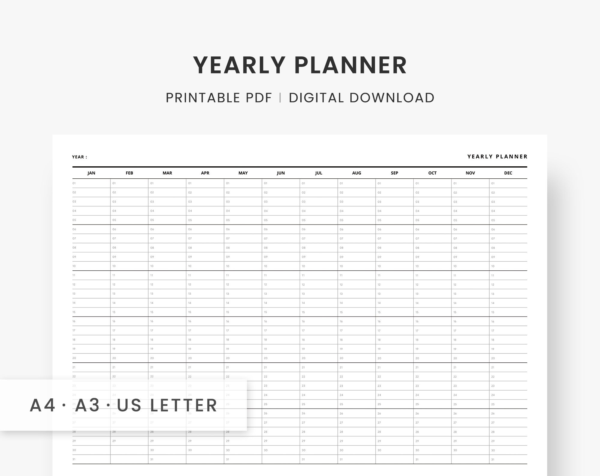 Yearly Planner Printable, Year at a Glance, Desk and Wall Calendar, 12 ...