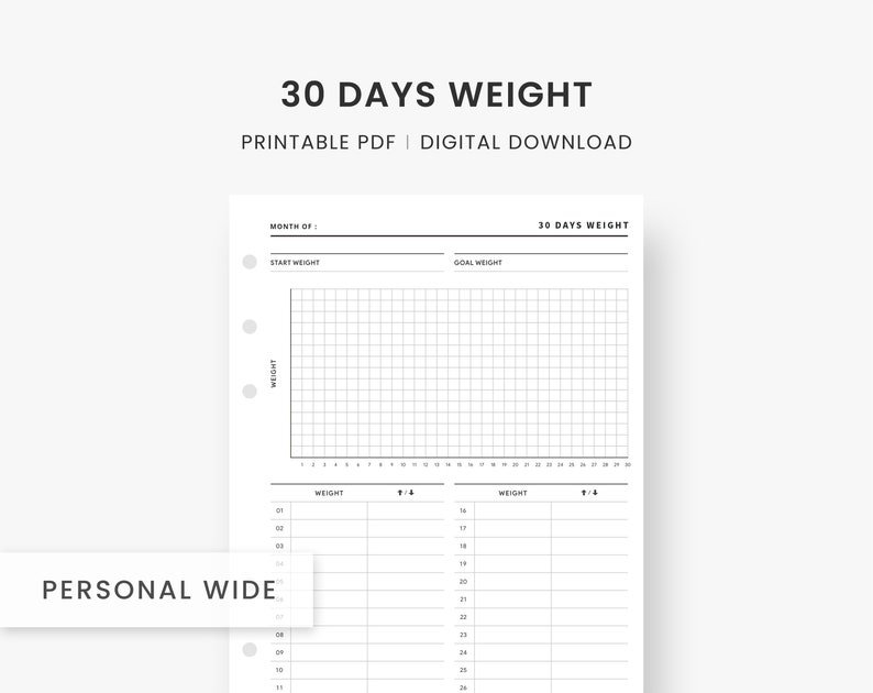 Weight Loss Tracker Printable, Personal Wide Inserts, Fitness Tracker