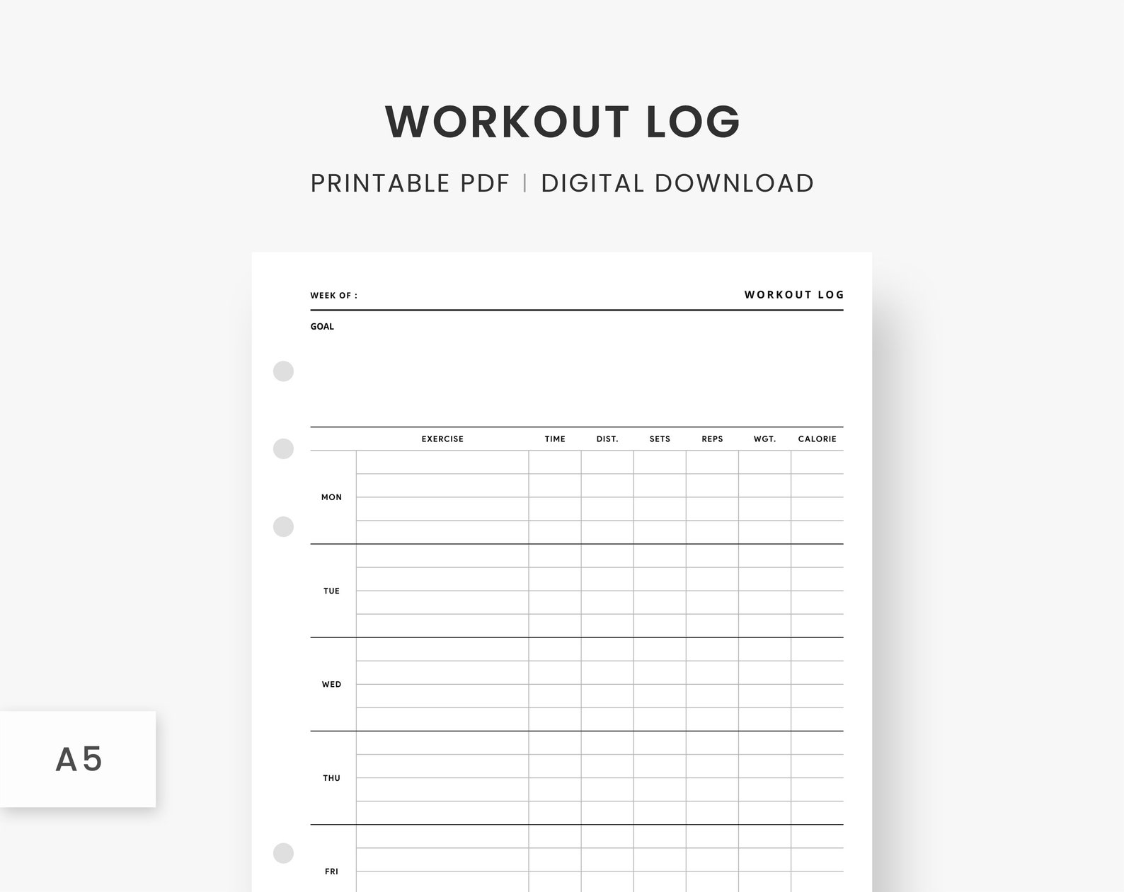A5 Inserts : Weekly Workout Printable, Workout Planner, Workout Log ...