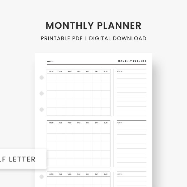 3 Month Planner Printable, Quarterly Planner, 90 Day Plan, Undated Planner, Half Letter Inserts, 3 Month Calendar, Month at a Glance, PDF
