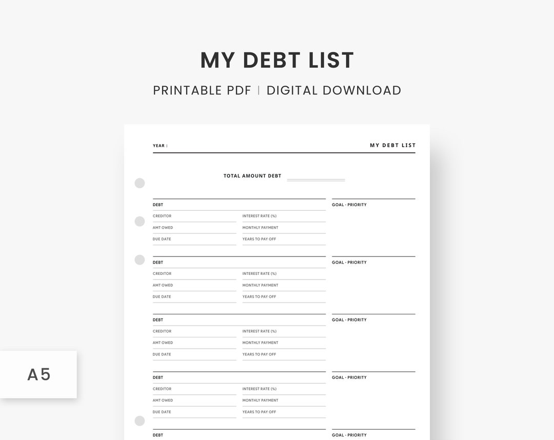A5 Inserts Debt Tracker, Debt List, Finance Tracker, Financial