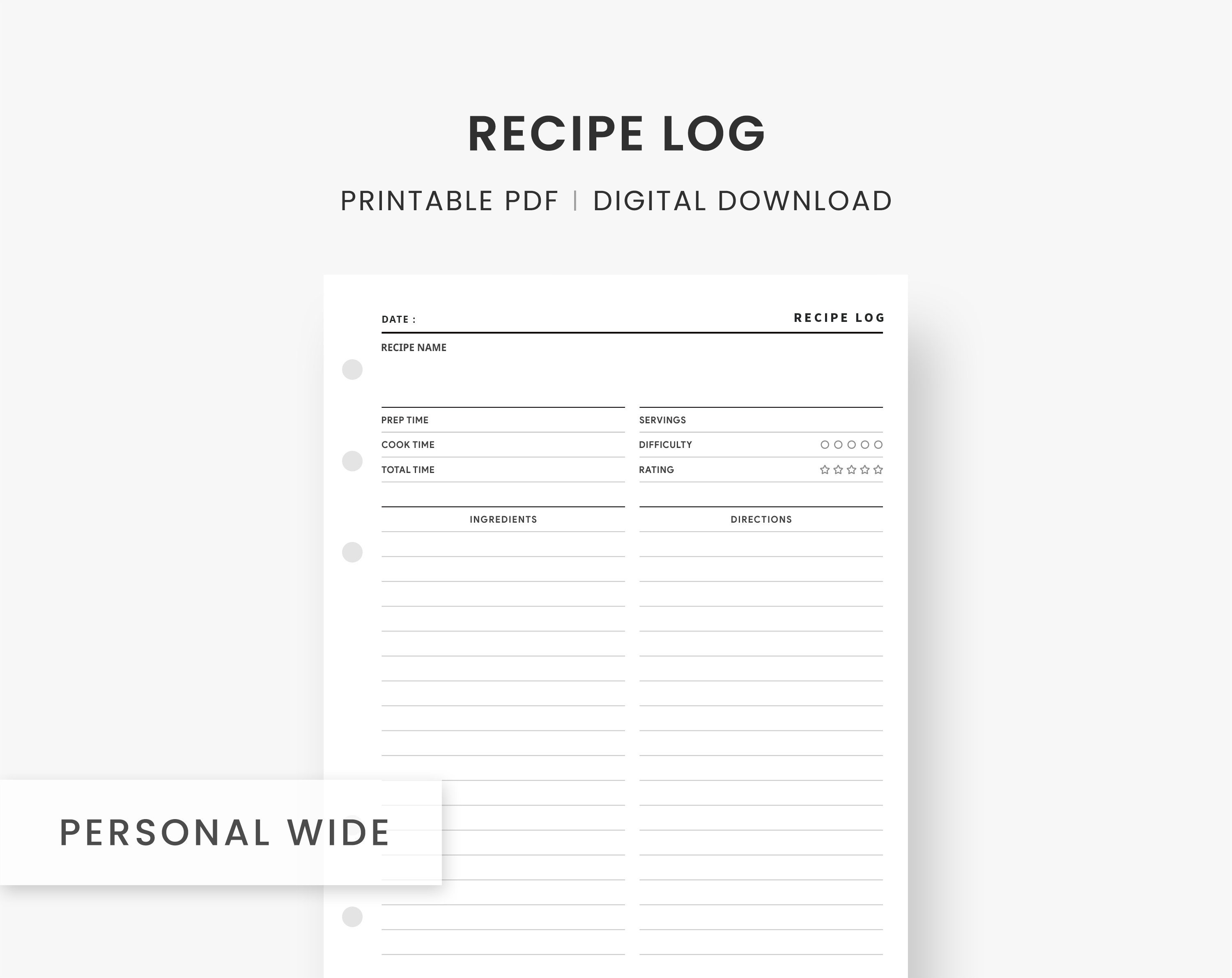Recipe Log Printable, Personal Wide Inserts, Recipe Template, Recipe