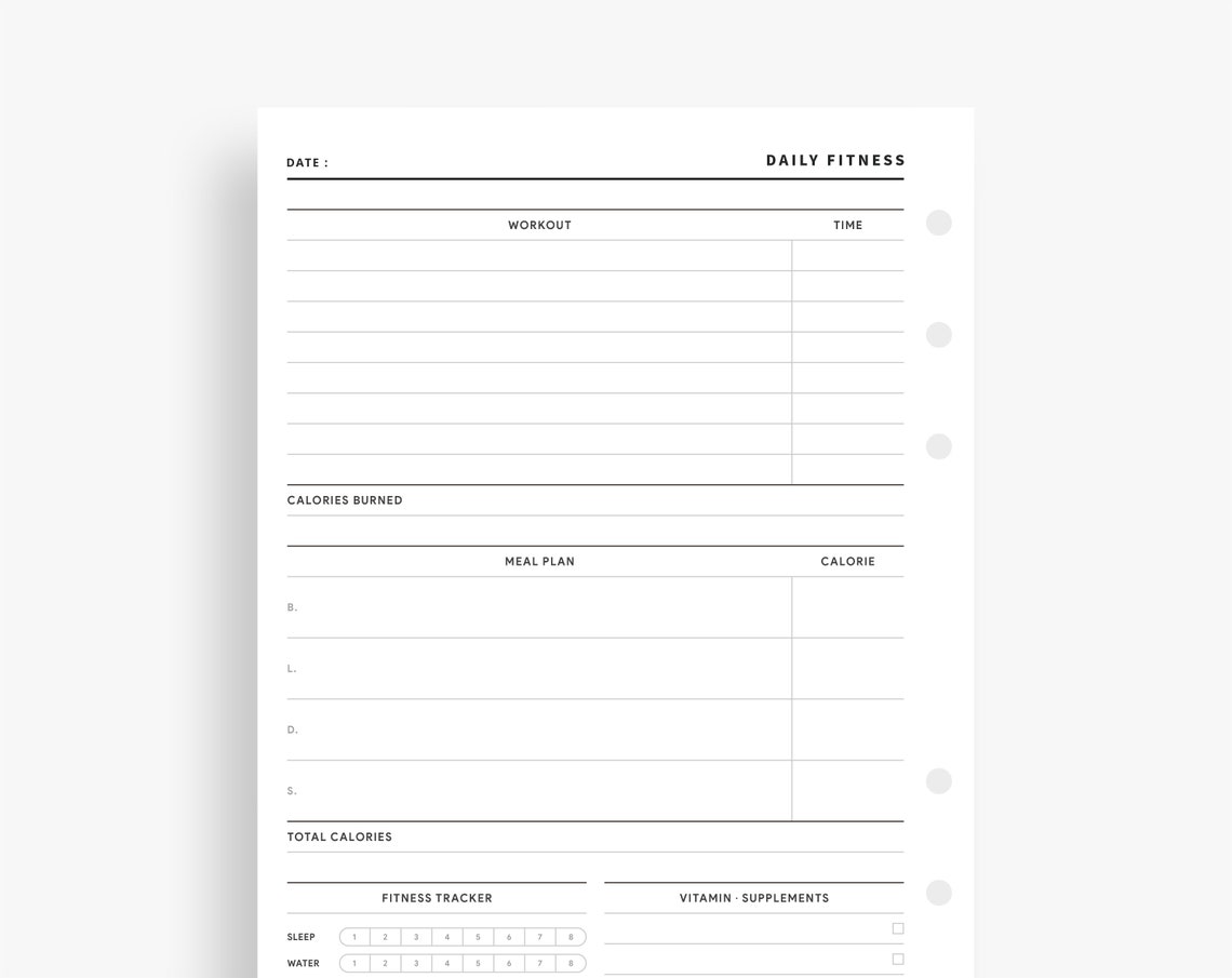 Daily Fitness Planner Printable Personal Wide Inserts | Etsy