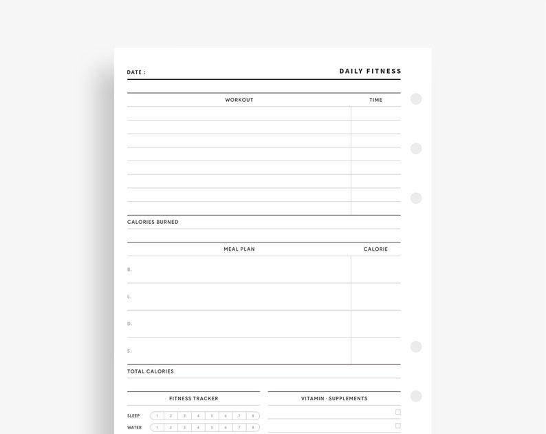 Daily Fitness Planner Printable, Personal Wide Inserts, Fitness Journal ...