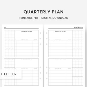 Calendrier annuel imprimable, Plan trimestriel, Aperçu de l’année, Aperçu annuel, Encarts de demi-lettres, Plan d’objectif annuel, Planificateur annuel, PDF